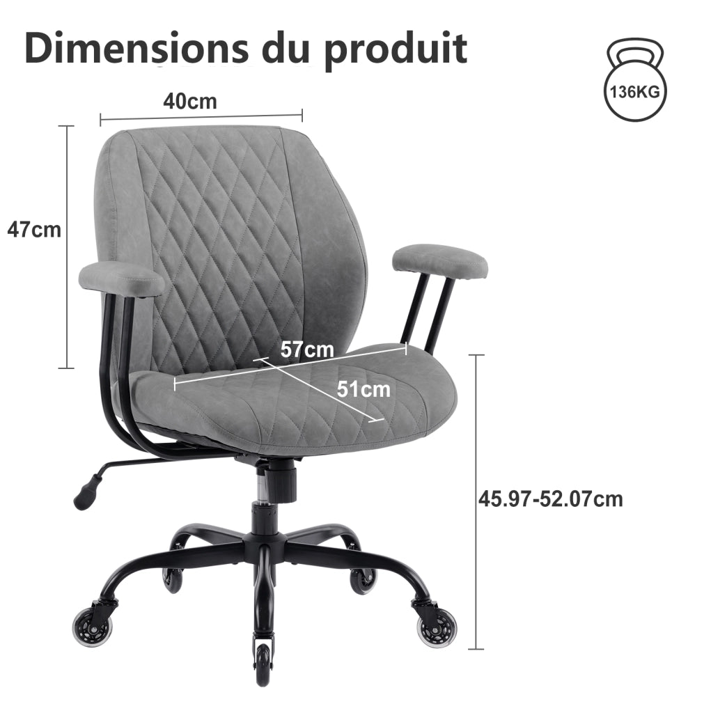 Sedia ergonomica da ufficio e casa in pelle grigia; altezza regolabile; braccioli removibili