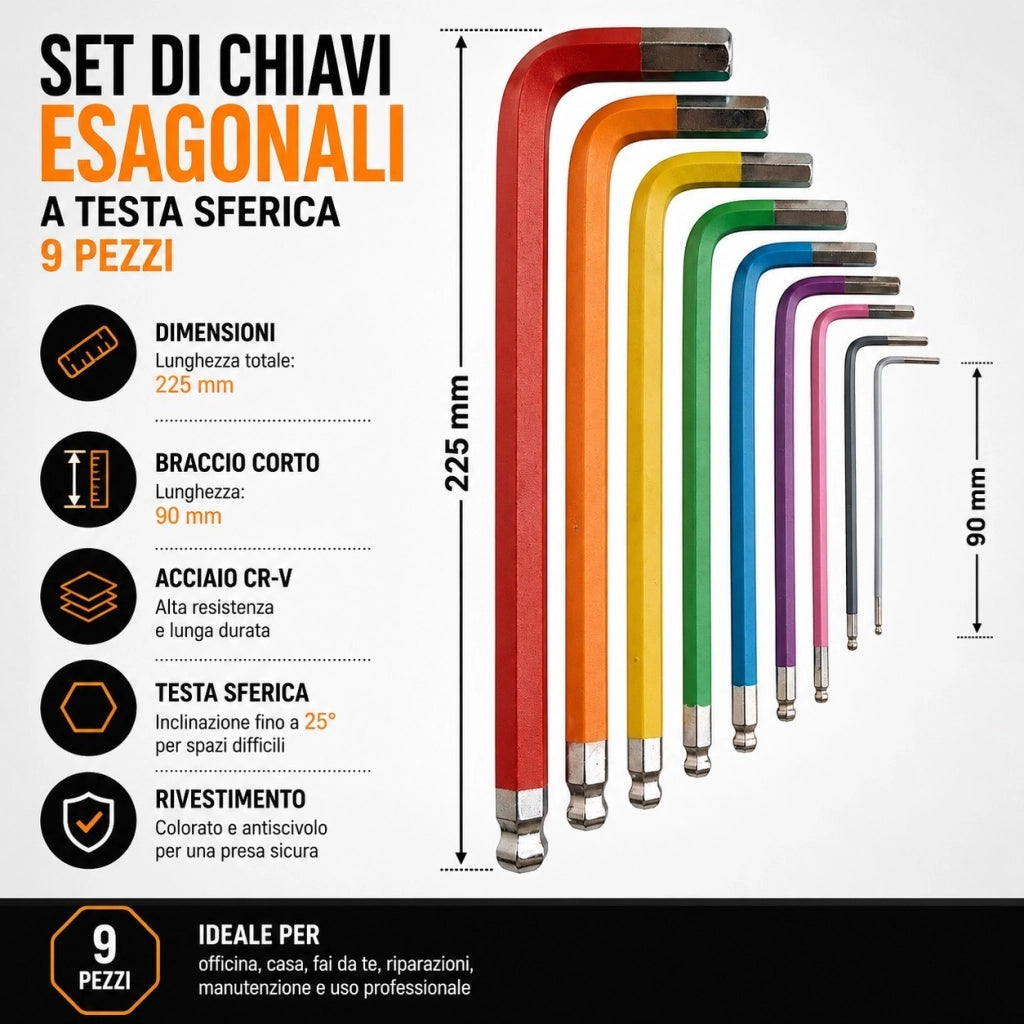 Set 9 Chiavi Brugola Esagonali Extra Lunghe Da 90 a 225mm A Sfera Colorate CR-V