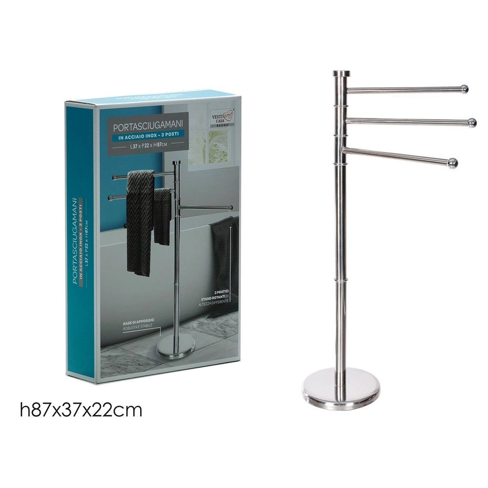 Trade Shop - Piantana Portasciugamani A 3 Posti Bracci Rotanti H87cm In Acciaio Inox Satinato Bagno -