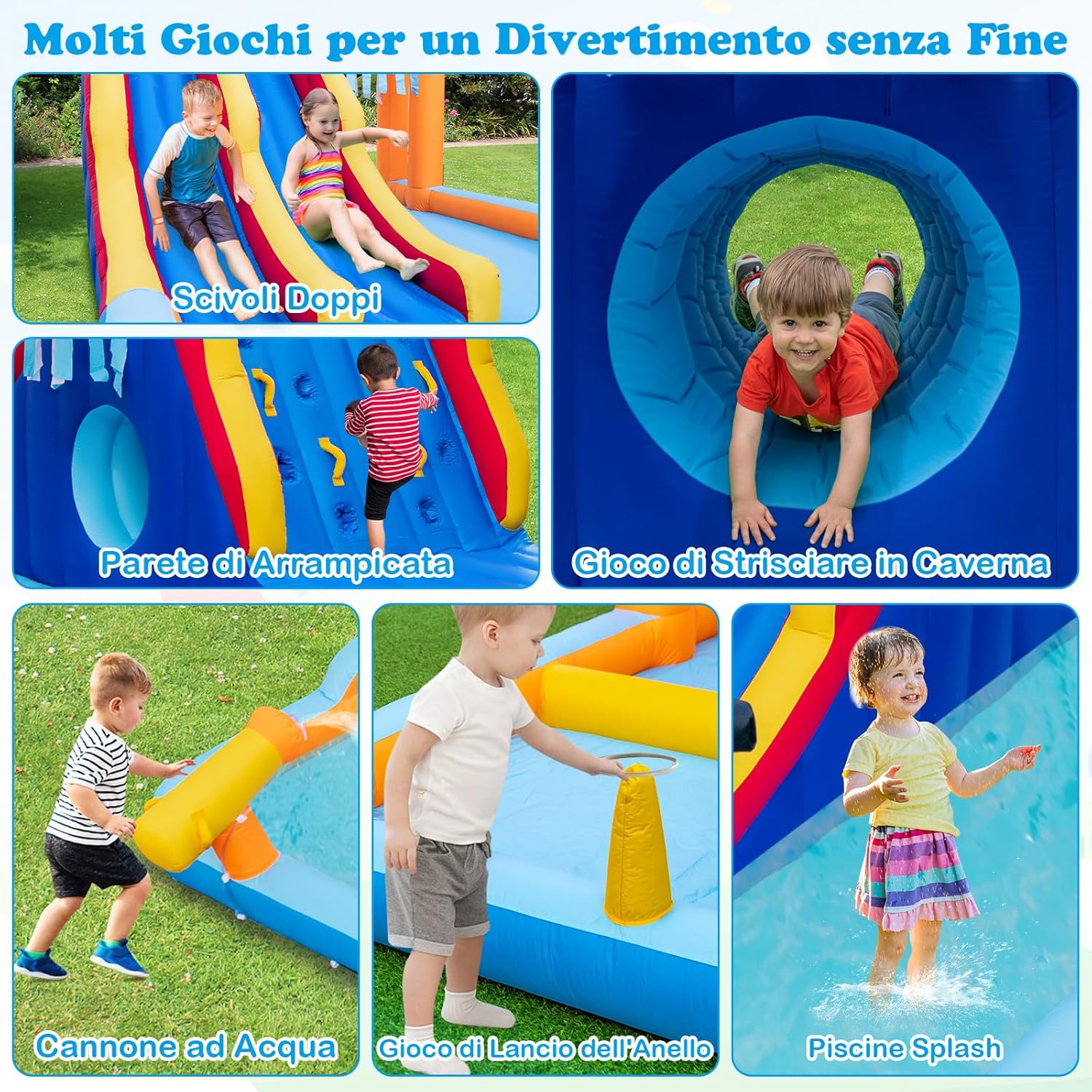Castello Gonfiabile, Casa Gonfiabile con 2 Scivoli, Piscina, Parete da Arrampicata, Tunnel e Cannone d'Acqua, per Bambini di 3-10 Anni, 693 x 295 x 263 cm