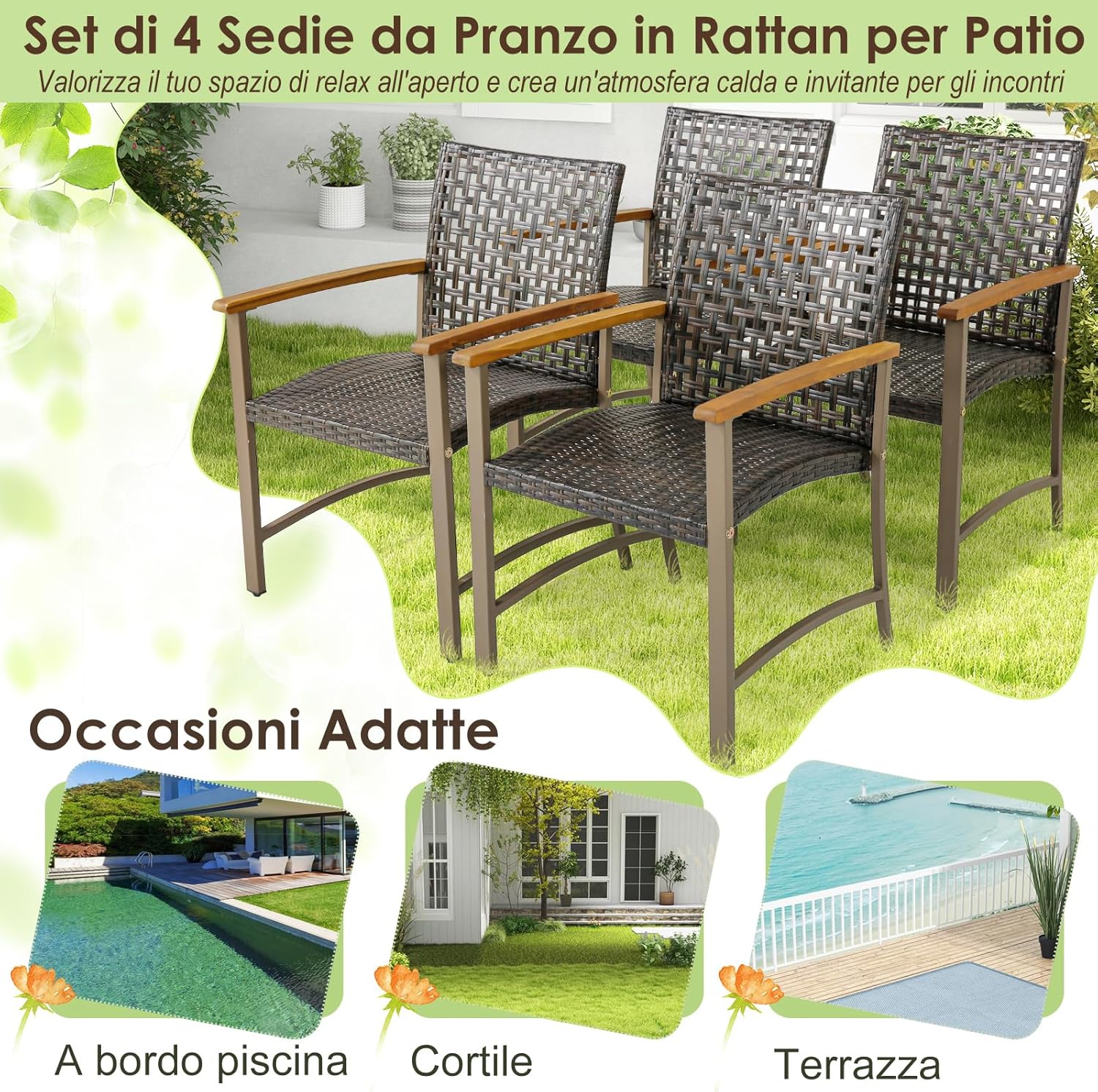 Set di 4 Sedie da Giardino in Rattan, Sedie da Pranzoper Patio con Braccioli in Legno di Acacia, Telaio in Metallo, Poltrone Giardino per Balcone, Portico, Piscina, Portata 180 kg
