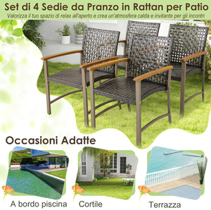 Set di 4 Sedie da Giardino in Rattan, Sedie da Pranzoper Patio con Braccioli in Legno di Acacia, Telaio in Metallo, Poltrone Giardino per Balcone, Portico, Piscina, Portata 180 kg