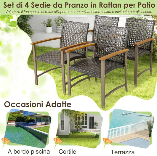 Set di 4 Sedie da Giardino in Rattan, Sedie da Pranzoper Patio con Braccioli in Legno di Acacia, Telaio in Metallo, Poltrone Giardino per Balcone, Portico, Piscina, Portata 180 kg