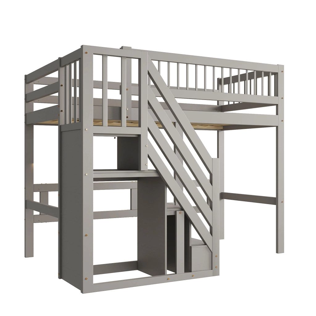 Letto a soppalco ULEVR 90x200 cm con scala contenitore e sponde alte, legno grigio