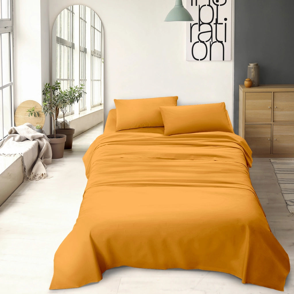 Completo letto matrimoniale a tinta unita set lenzuola Prodotto italiano 100% Cotone - Arancioscuro - Matrimoniale