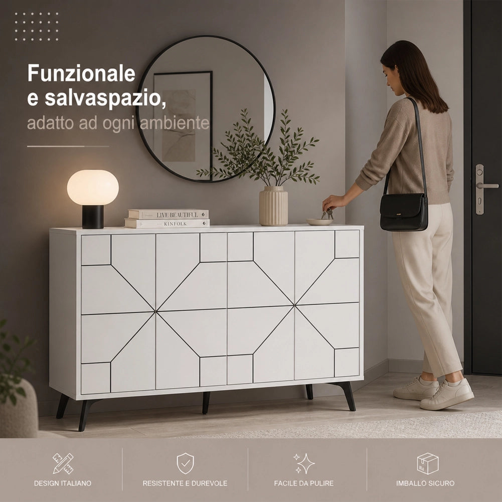 Madia con 4 Ante Credenza Design Geometrico Moderno in Legno 123x77 cm Bianco