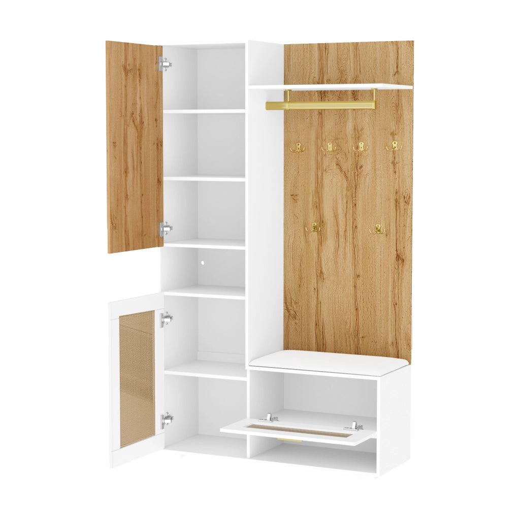 Set da ingresso con armadio a 3 ante, specchio, panca, vani a giorno e 6 ganci, MDF bianco e legno
