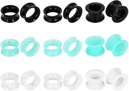 Set di Orecchini per Tunnel da 18 pezzi - Nero/Turchese/Bianco - Silicone - Leggero - Idoneo per Orecchie Sensibili - Orecchini per Tunnel
