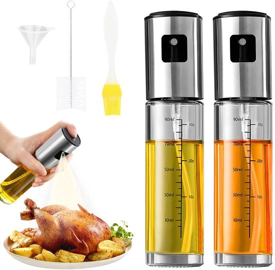 Set di due pennelli per olio da cucina, 100 ml flacone con scala graduata, pennelli per olio in acciaio inox e vetro, adatti a airfryer, gadget da cucina, pennelli per olio da grill, brasatura e barbecue