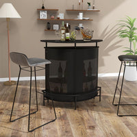 COSTWAY Tavolo Bar Semicircolare 110,5 x 48 x 112,5cm, Bancone Bar a 4 Ripiani con Scaffali di Stoccaggio e 3 Supporti per Calici, Piano Curvo, Fronte in Metallo Perforato e Poggiapiedi, Nero