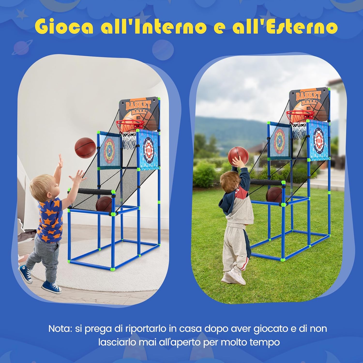 Macchina da Pallacanestro per Bambini, Set Giochi 2-in-1 da Interno ed Esterno per Basket e Palline Attaccanti con Segnapunti Elettronico ed Effetti Sonori, Regalo per Bambini e Bambine 3+