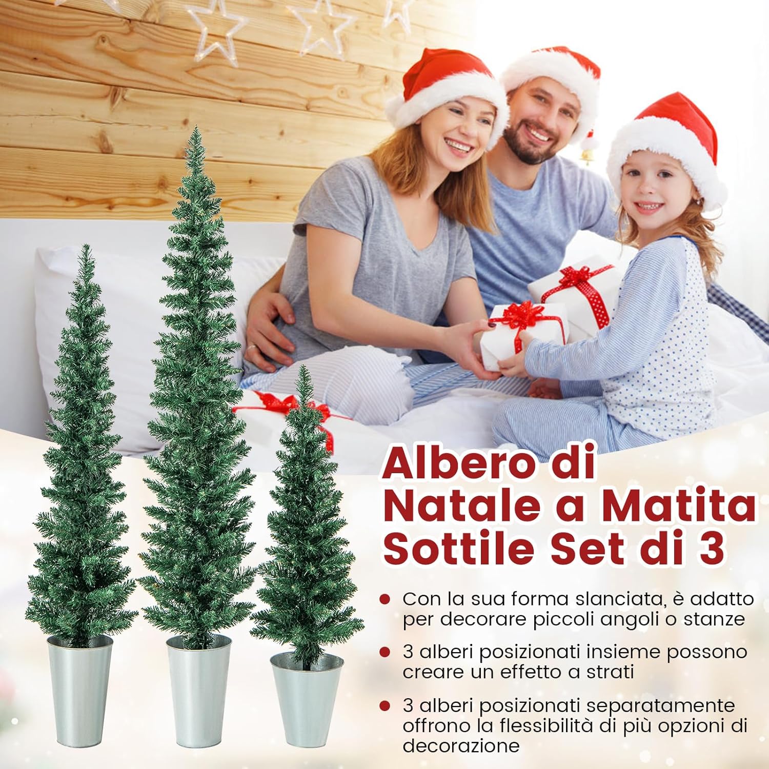 Set di 3 Alberi di Natale Artificiali da 90 CM + 120 CM + 150 CM, Alberi di Natale Slim con 120 + 140 + 160 Punte di Ramo e Basi in Metallo Riempite di Cemento, Decorazione Natalizia Interna