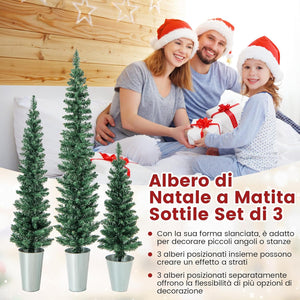 Set di 3 Alberi di Natale Artificiali da 90 CM + 120 CM + 150 CM, Alberi di Natale Slim con 120 + 140 + 160 Punte di Ramo e Basi in Metallo Riempite di Cemento, Decorazione Natalizia Interna
