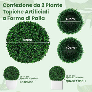 Set di 2 Sfere Topiarie Artificiali da 52 Cm, Piante Finte Sferiche con 20 Fascette, Protette dal Sole, Decorazione da Esterno e Interno per Cortile, Portico, Casa e Festa