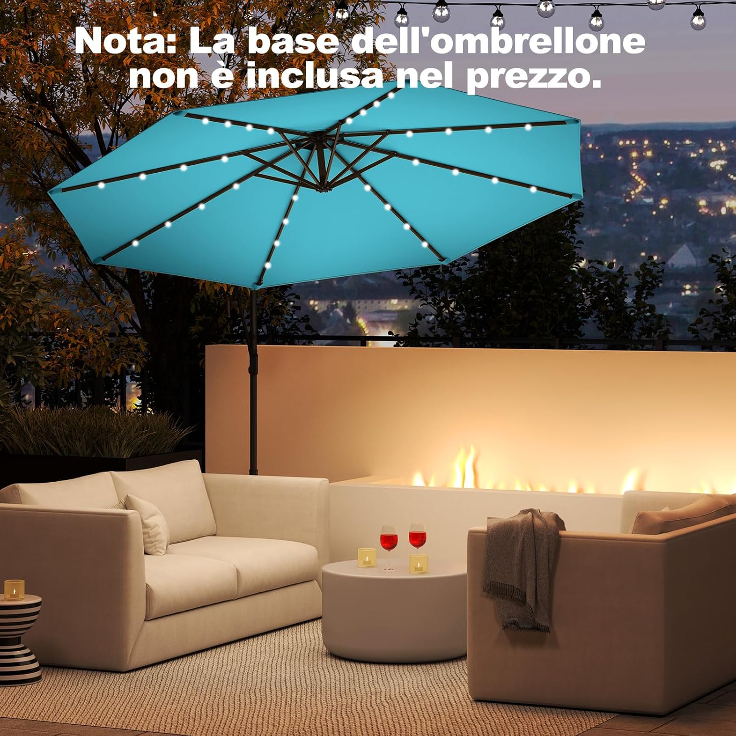 Ombrellone da Giardino ∅300 cm con 32 Luci LED, Ombrellone Prendisole con Rotazione di 360°, Inclinazione Regolabile, 8 Stecche, Manovella, per Giardino Piscina Cortile (Turchese)