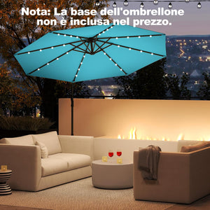 Ombrellone da Giardino ∅300 cm con 32 Luci LED, Ombrellone Prendisole con Rotazione di 360°, Inclinazione Regolabile, 8 Stecche, Manovella, per Giardino Piscina Cortile (Turchese)
