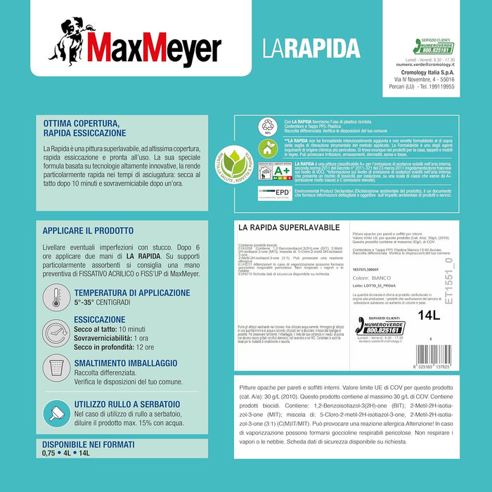 Idropittura Superlavabile per Interni La Rapida, Colore Bianco, 14L