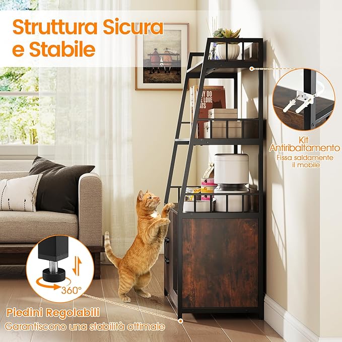 Mobile Lettiera per Gatti 80 x 40 x 132 cm, Credenza Soggiorno con Ripiani di Stoccaggio, Tiragraffi per Gatti, 2 Prese AC e Cuccia, Armadio Salvaspazio per Cuccia e Ingresso (Marrone)