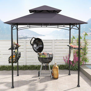 Gazebo per Barbecue, Pergola per BBQ con 2 Ripiani Laterali, Cestino, Ganci Appendiutensili, Apribottiglie, Copertura a 2 Livelli, per Giardino e Cortile, 242 x 153 x 250 cm (Grigio Scuro)