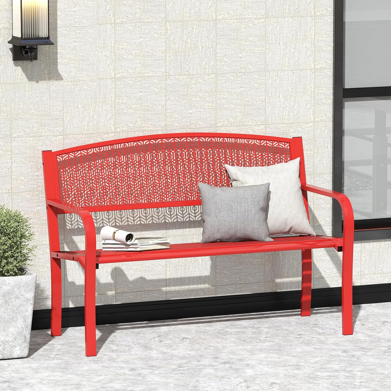 Panca da Esterno 2-3 Posti 128 cm, Panca in Metallo con Braccioli Curvi e Schienale alla Moda, Panchina Moderna in Metallo per Parco, Cortile e Giardino (Rosso, 128 x 60 x 86.5 cm)