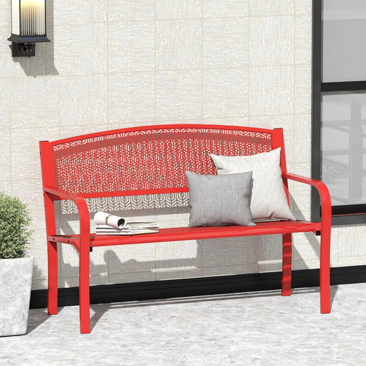 Panca da Esterno 2-3 Posti 128 cm, Panca in Metallo con Braccioli Curvi e Schienale alla Moda, Panchina Moderna in Metallo per Parco, Cortile e Giardino (Rosso, 128 x 60 x 86.5 cm)