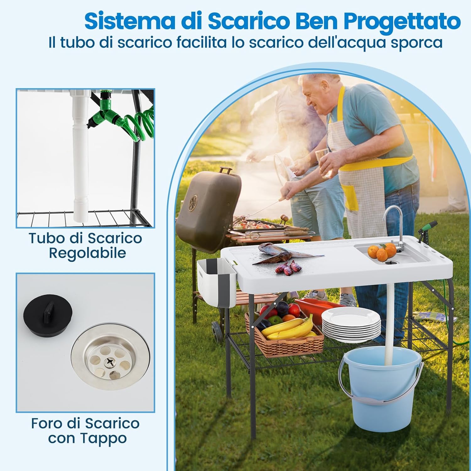 Tavolo da Pulizia del Pesce Pieghevole, Stazione di Lavoro da Esterno 2 in 1 con Lavello, Tavolo da Campeggio con Lavandino, Ugello a Spruzzo, per Campeggio Picnic