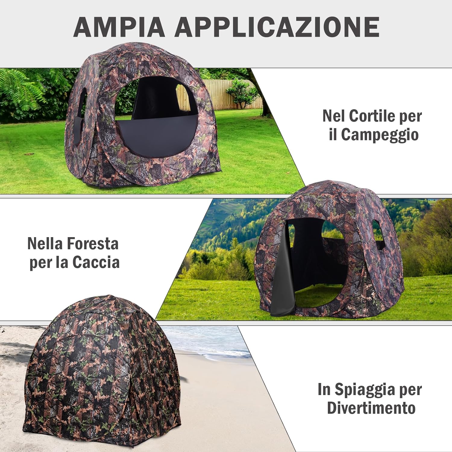 Tenda da Caccia Pieghevole per 3 Persone, Tenda da Caccia con Telaio in Acciaio e Finestre a Maglie, Tenda Mimetica con Borsa per Trasporto, con Visione 270°