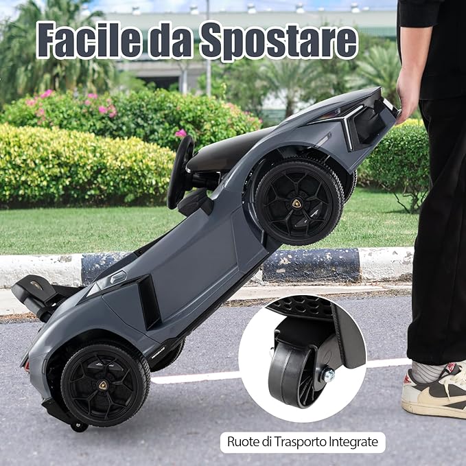 Lamborghini 12V Auto Elettrica per Bambini, Veicolo Elettrico Cavalcabile con Telecomando Luci LED Musica, 3-5 Km/h, per Bambini 37-95 Mesi (Grigio)