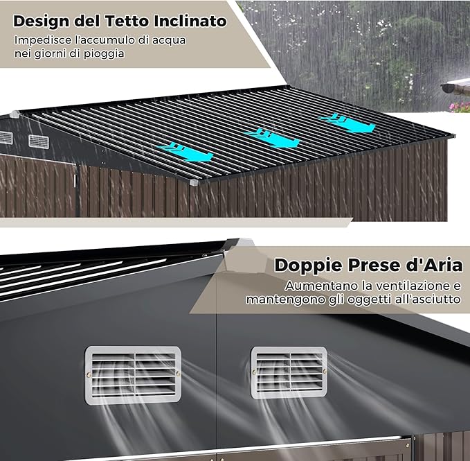 Casetta da Giardino 350 x 223 x 197 cm,con Tetto Inclinato e Porta Doppia, con 4 Finestre Traspiranti, Magazzinaggio Attrezzi