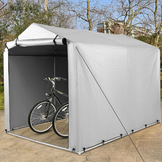 Capanno di Stoccaggio per Esterni, Garage Portatile per Biciclette, Motociclette, Attrezzi da Giardino, Carport per Bici con Porta a Rullo e Cerniera, 160 x 218 x 164 cm (Grigio Argento)