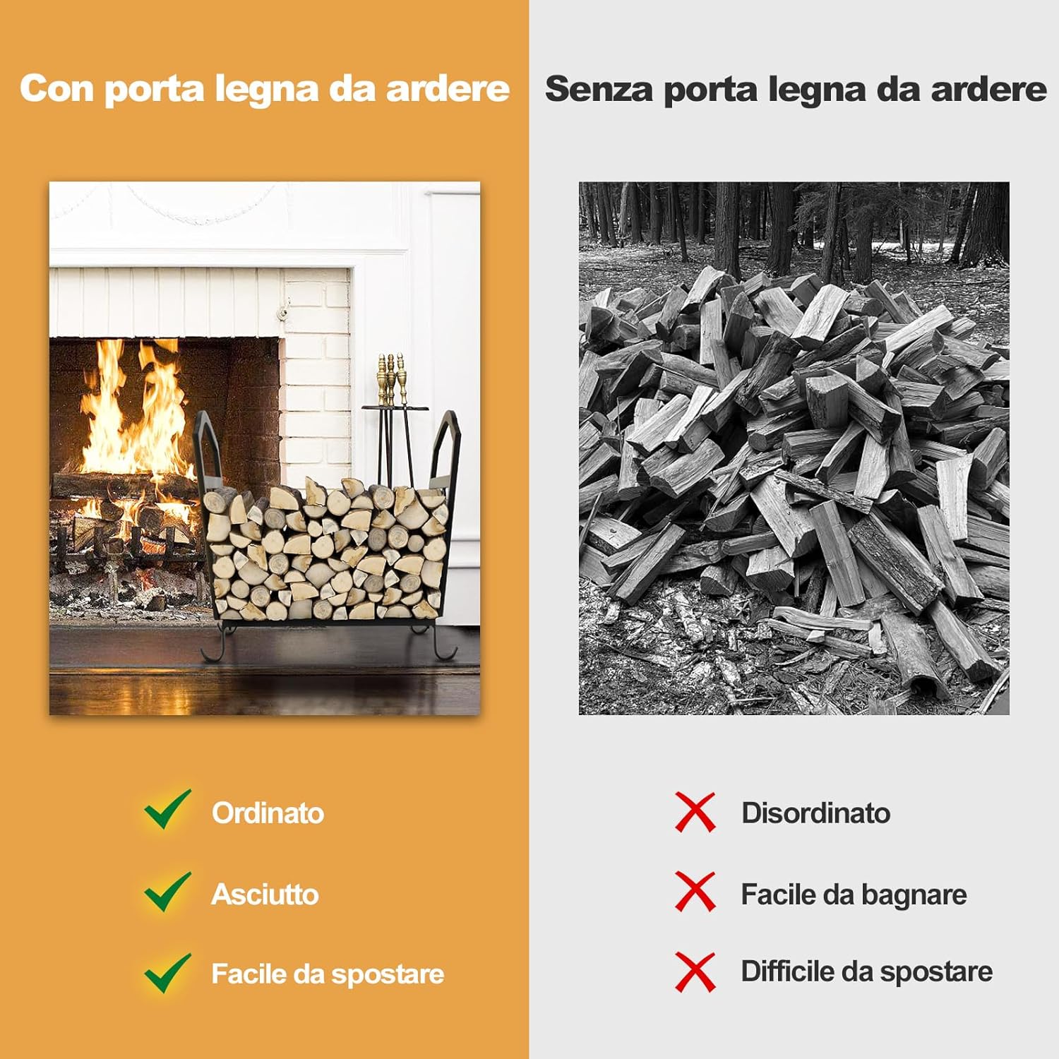 Porta Legna da Ardere per Interni ed Esterni, Portelegna in Metallo con Piedini Rialzati e Motivi Eleganti, Porta Ceppi Decorativi per Caminetti, 43 x 32,5 x 40 cm