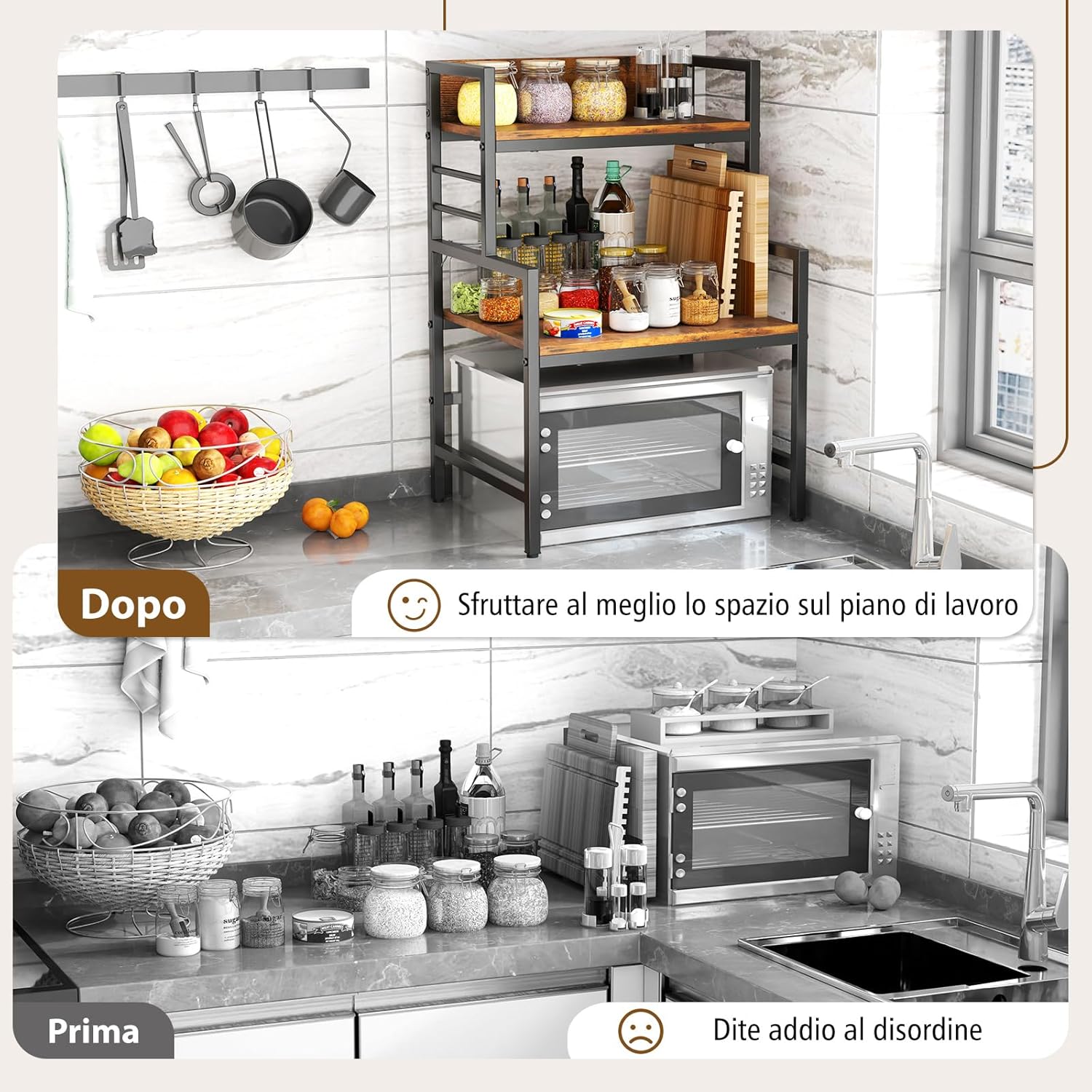 Supporto per Microonde a 3 Ripiani, Organizzatore da Cucina Industriale con 2 Mensole Aperte, Porta Spezie Salvaspazio con Struttura in Metallo, Carico 50 kg, 52x42x78 cm