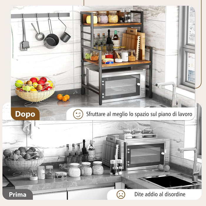 Supporto per Microonde a 3 Ripiani, Organizzatore da Cucina Industriale con 2 Mensole Aperte, Porta Spezie Salvaspazio con Struttura in Metallo, Carico 50 kg, 52x42x78 cm