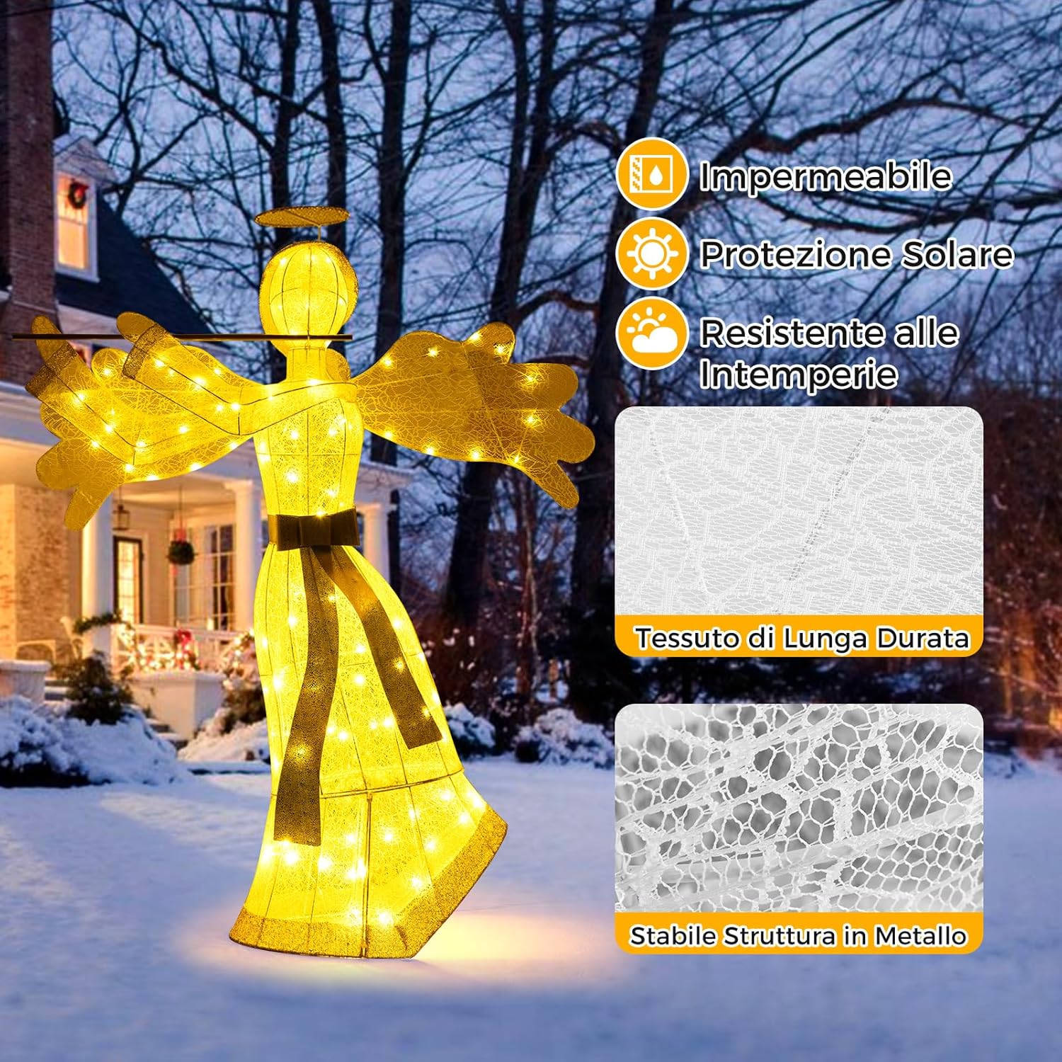 Angelo Natalizio Illuminato da Esterno, Decorazione Natalizia con 100 Luci LED, 4 Picchetti da Terra e 10 Fascette, per Giardino, Cortile e Prato