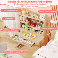 Scrivania per Bambini 3+ Anni, Tavolo da Studio Regolabile in Altezza con Libreria e Cassetto, Piano Inclinabile, Mensole, Leggio e Portapenne, Scrivania per Studiare (Giallo)
