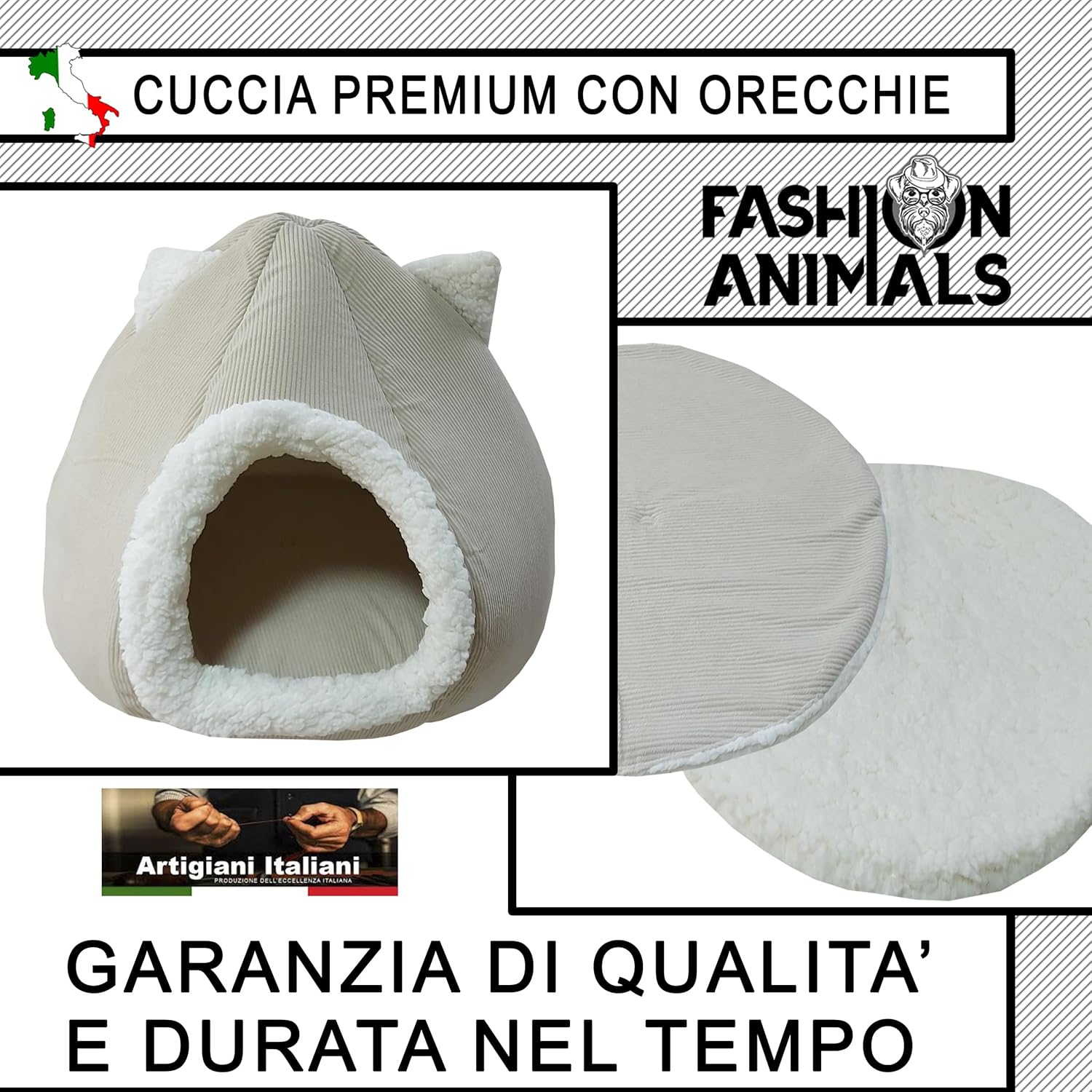 Cuccia Premium per cani e gatti - Letto morbido e confortevole - Base antiscivolo - Resistente e Facile da lavare (with ears-Beige)