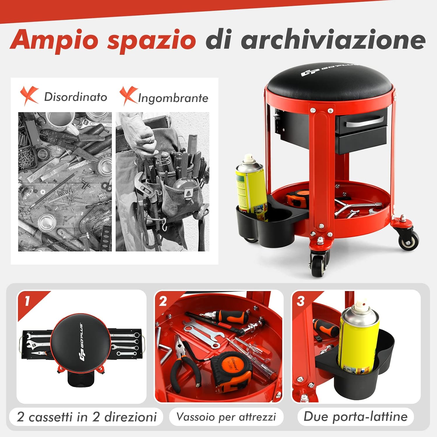 Sgabello da Officina, Sgabello Meccanico Rotante con 2 Cassetti, Ripiano, Vassoio, Ruote, 150 kg di capacità, per Garage, Officina