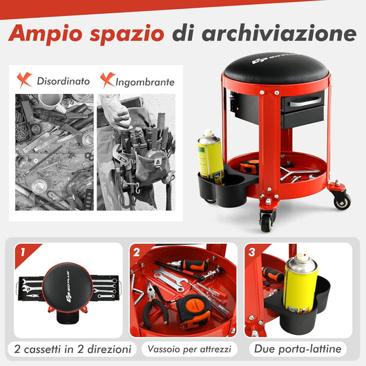 Sgabello da Officina, Sgabello Meccanico Rotante con 2 Cassetti, Ripiano, Vassoio, Ruote, 150 kg di capacità, per Garage, Officina