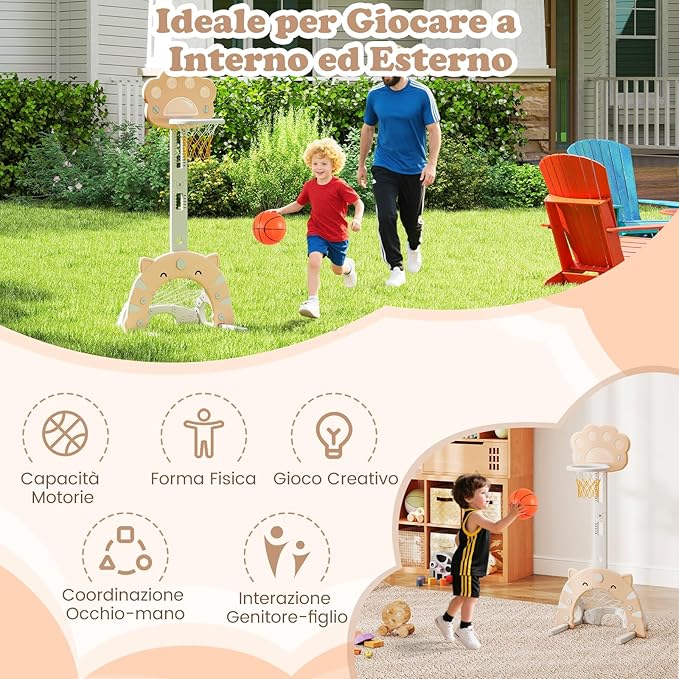 3 in 1 Canestro da Basket per Bambini, con Canestro Calcio e Golf, Cerchio Rimovibile e Pieghevole, Set da Gioco Regolabile per Interno ed Esterno, 3 Anni+ (Moca)