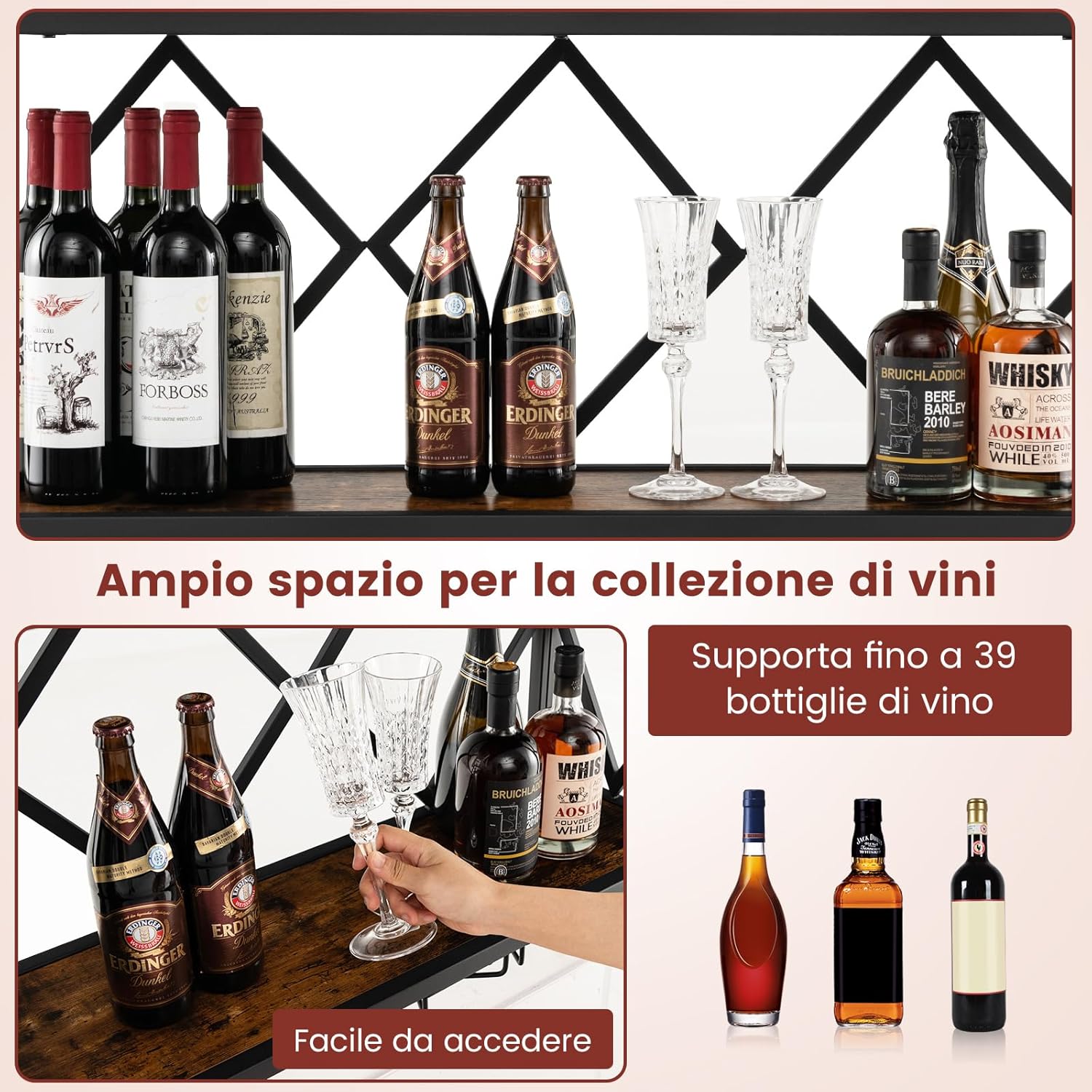 Portabottiglie da Parete, Scaffale per Esposizione di Vino con 6 File di Portabicchieri, Scaffale per Conservare 39 Bottiglie e 12 Bicchieri, Adatto per Cucina, Soggiorno, Sala da Pranzo