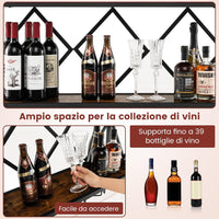 Portabottiglie da Parete, Scaffale per Esposizione di Vino con 6 File di Portabicchieri, Scaffale per Conservare 39 Bottiglie e 12 Bicchieri, Adatto per Cucina, Soggiorno, Sala da Pranzo