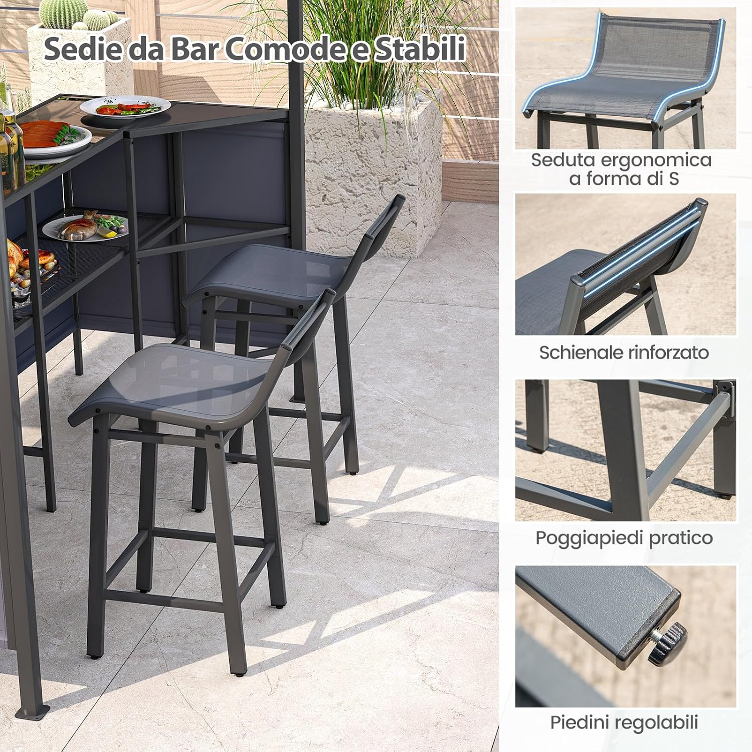 Gazebo da Esterno 245 x 245 x 243 cm, Set da Bar 3 Pezzi con Doppio Piano con 2 Sgabelli, Tavolo in Vetro Temperato e 2 Sedie, Tenda Impermeabile per Feste, BBQ in Giardino e Cortile