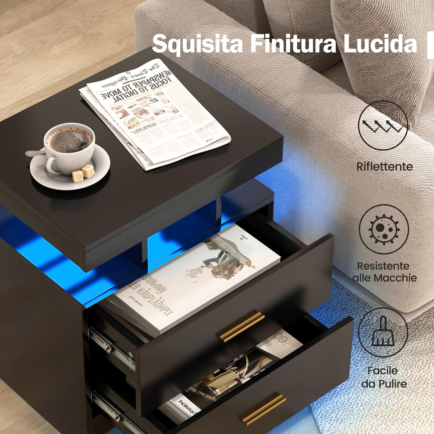 Comodino con Luci LED 50x40x58cm, Tavolino Camera da Letto Moderno con 2 Cassetti, Mobile Cameratta con Telecomando per Soggiorno e Ufficio (Nero)