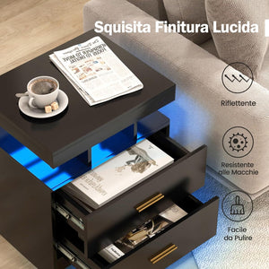 Comodino con Luci LED 50x40x58cm, Tavolino Camera da Letto Moderno con 2 Cassetti, Mobile Cameratta con Telecomando per Soggiorno e Ufficio (Nero)