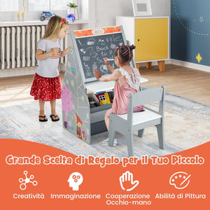 Cavalletto per Bambini Doppio Lato, Set Tavolo e Sedia per Bambini con Lavagna Magnetica e Lavagna Bianca, Contenitore in Tessuto e Libreria(Grigio)