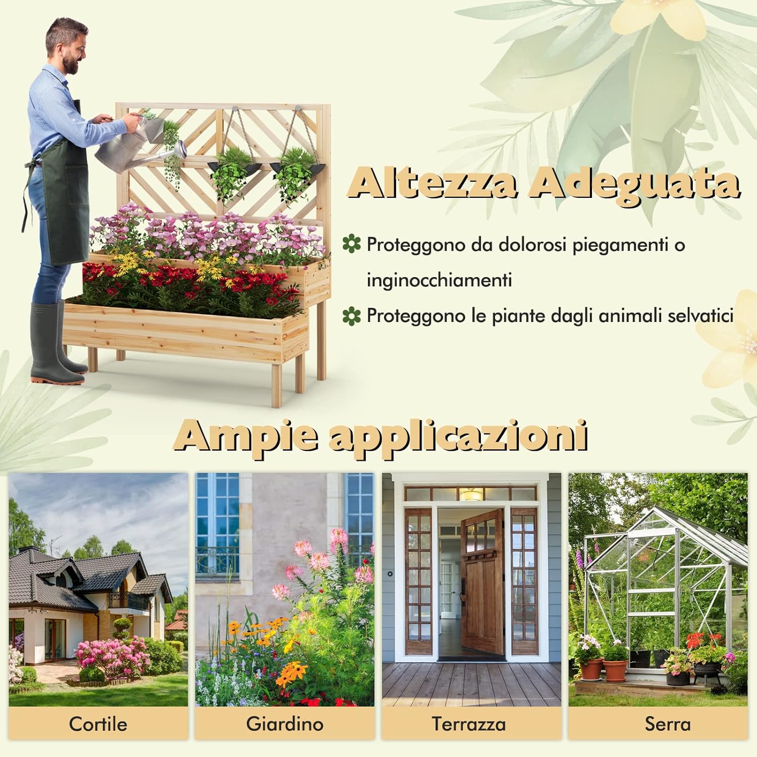 Fioriera da Giardino a 2 Livelli con Traliccio, Letto Rialzatto con Gambe in Legno, Foro di Drenaggio, Fioriera da Interno ed Esterno per Frutta, Verdura, Fiori ed Erbe Rampicanti (Legno)