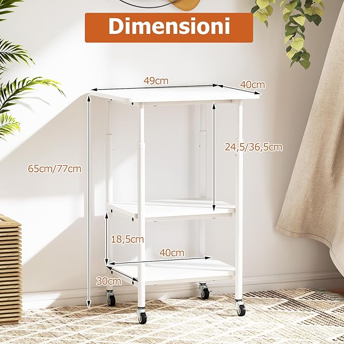 Supporto per Stampante, Carrello Stampante a 3 Livelli con Ripiani di Stoccaggio e Ruote con Blocco, Altezza Regolabile, per Stampante 3D Scanner Fax, 49 x 40 x 65/77 cm (Bianco)