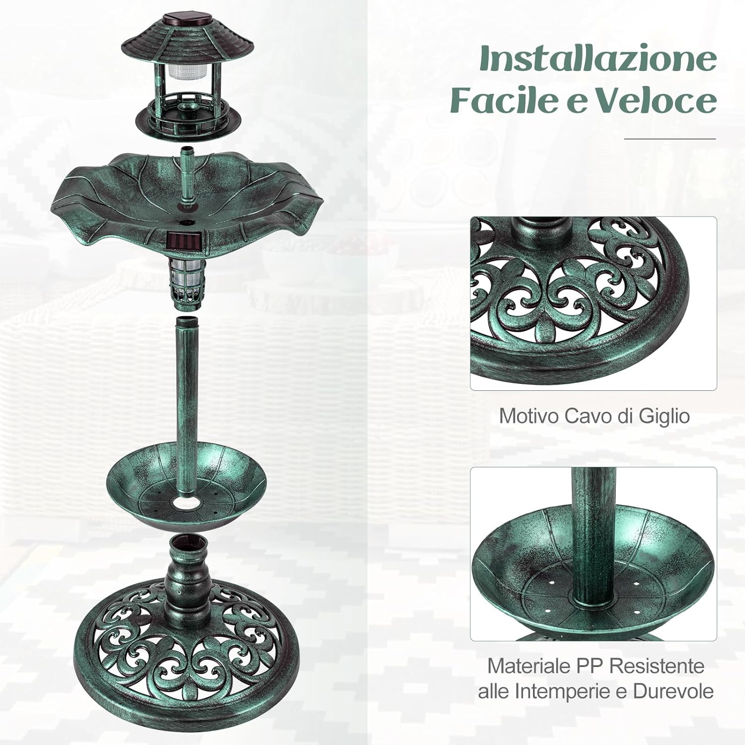 Vasca per Uccelli da Giardino a Energia Solare, Abbeveratoio e Mangiatoia per Uccelli da Esterno con 2 Lampade a Energia Solare, Fioriera e Supporto Riempibile (Bronzo, 43 x 43 x 110 cm)