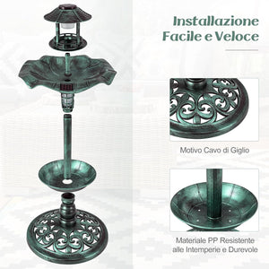 Vasca per Uccelli da Giardino a Energia Solare, Abbeveratoio e Mangiatoia per Uccelli da Esterno con 2 Lampade a Energia Solare, Fioriera e Supporto Riempibile (Bronzo, 43 x 43 x 110 cm)