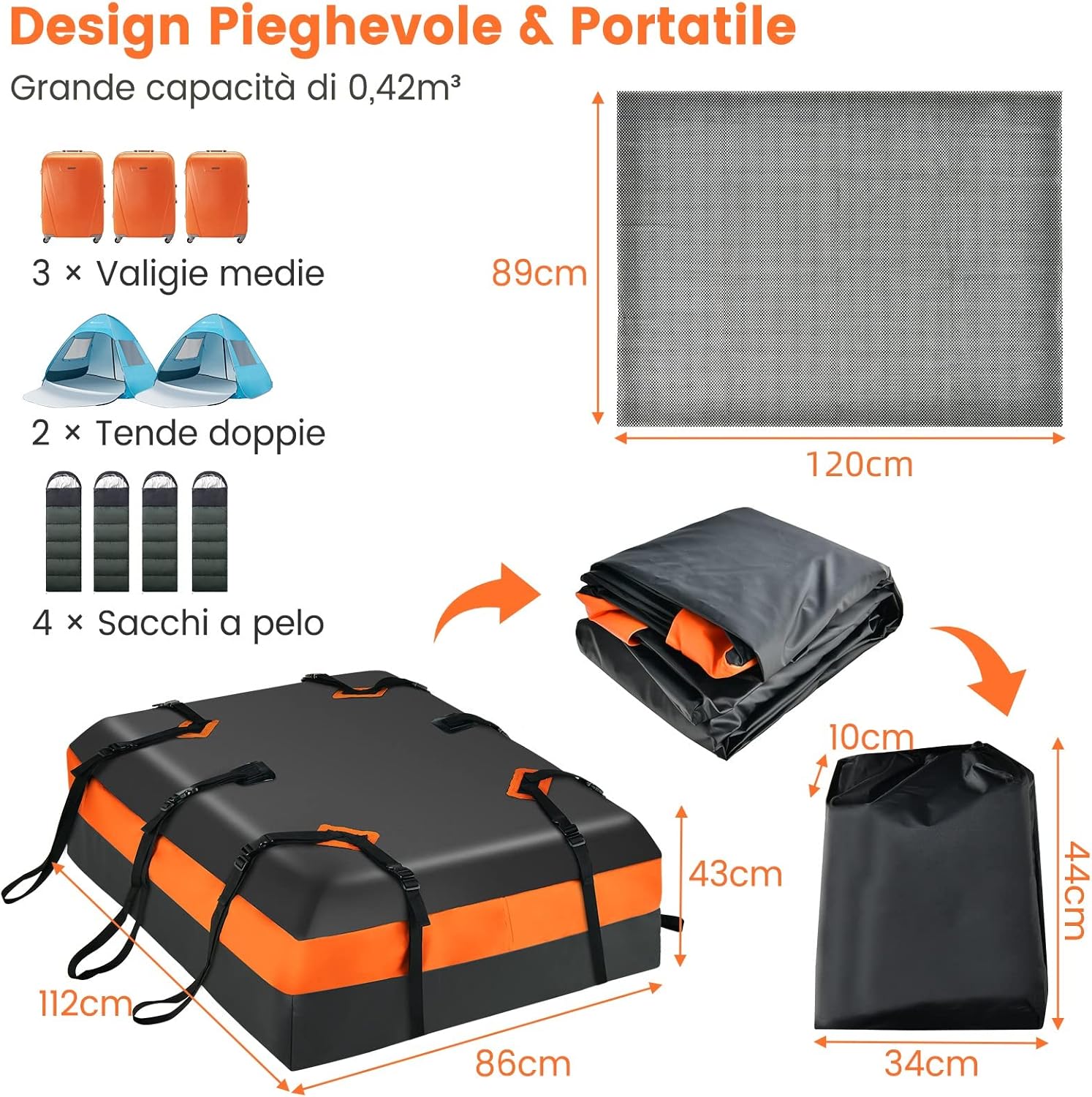 Borsa da Tetto per Auto 424L, Box Tetto Auto per Bagagli Impermeabile Pieghevole, con Tappetino Antiscivolo, per Tutti i Veicoli Con/Senza Barre Portapacchi, con Serratura